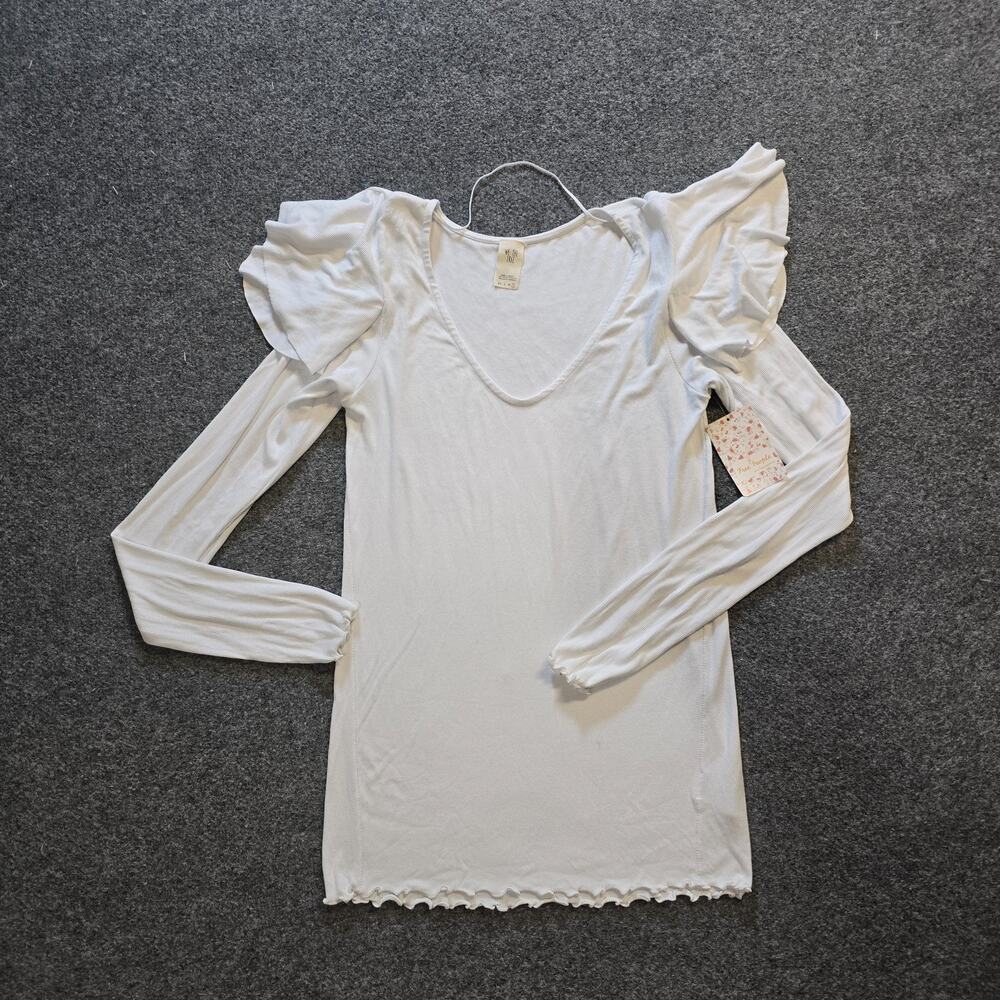 Free People Top Womens Size Large White Ruffle Shoulder Ribbed Stretchy Capsule